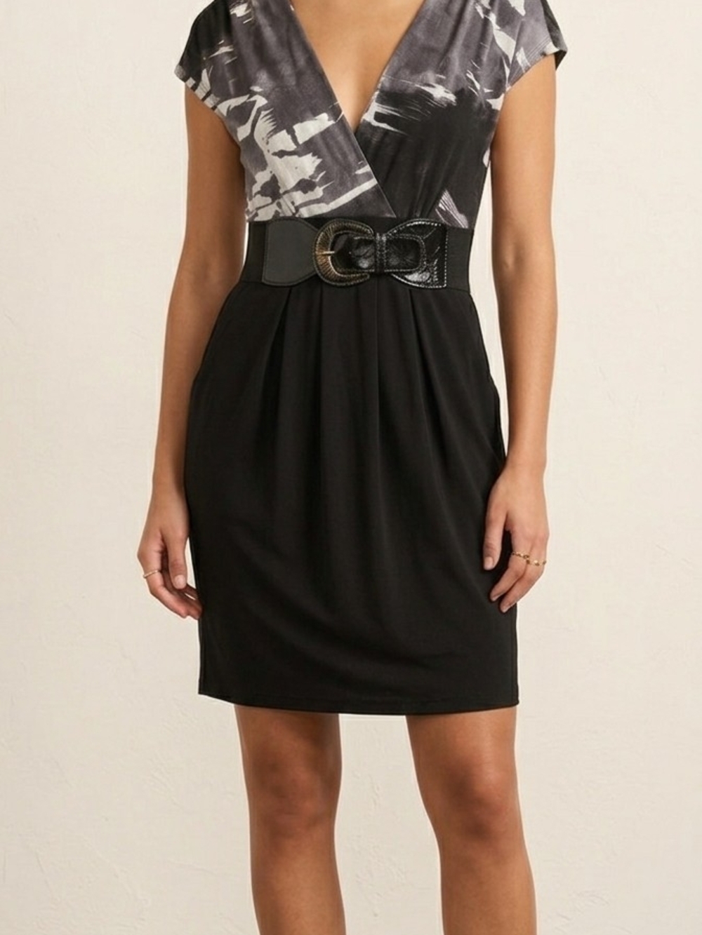 Delirious Black and Gray V-Neck Belted Mini Dress. WD 24